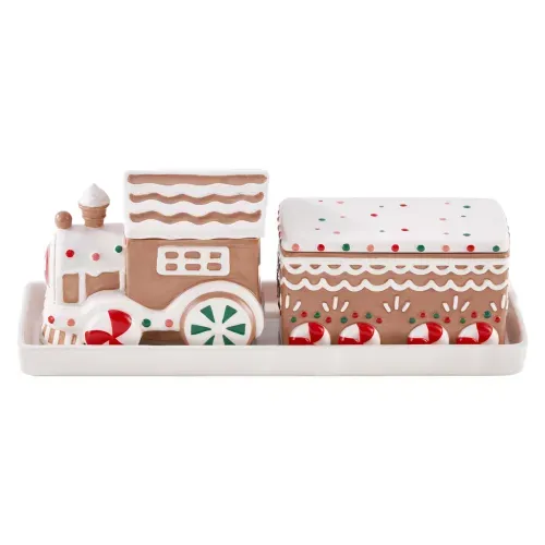 Bandeja Holiday Time con recipientes diseño tren de golosinas Navidad