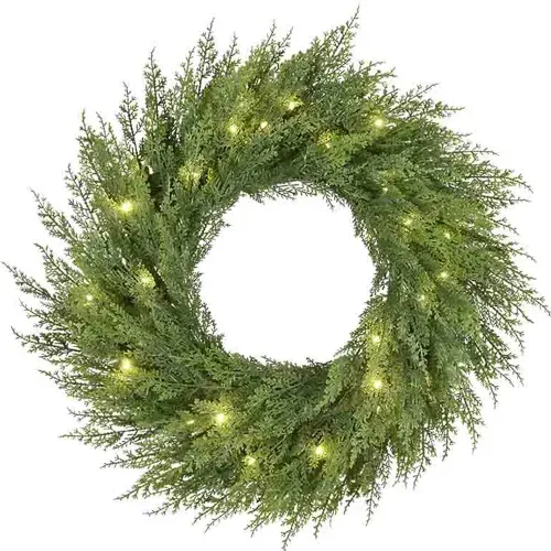 Corona Holiday Time de ciprés con LED blanco cálido Navidad - 60 cm