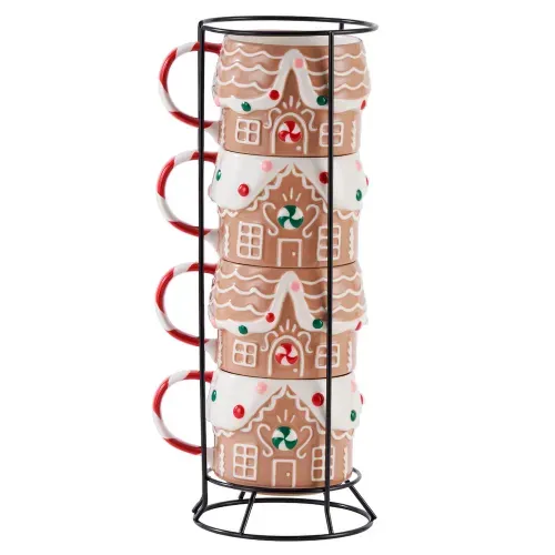 Taza Holiday Time con diseño de casa jengibre y soporte para Navidad - 4 Pzas