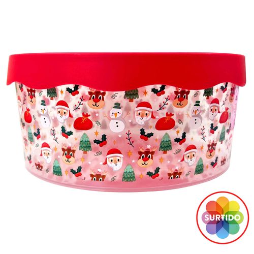 Recipiente Holiday Time rojo y verde con diseño de Navidad