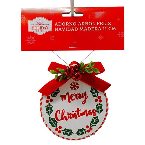 Adorno Holiday Time para árbol Feliz Navidad de madera - 11 cm