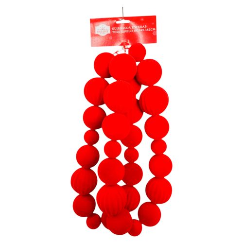 Guirnalda Holiday Time de esferas de terciopelo rojas para Navidad - 182 cm