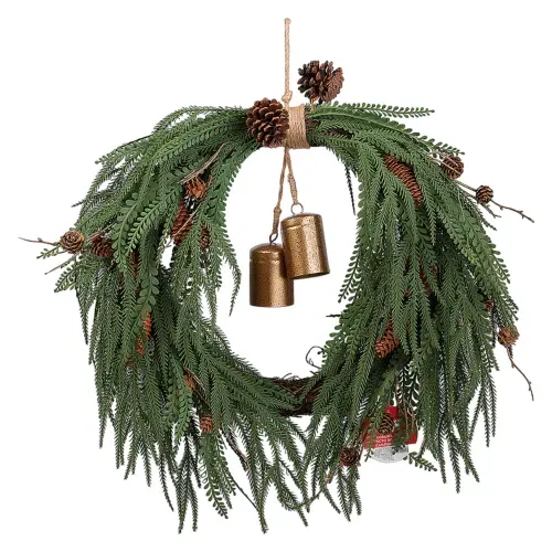 Corona Holiday Time de pino tacto real con campana Navidad - 61 cm