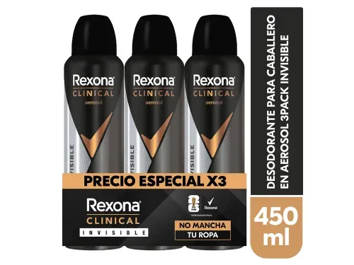 3 pack Desodorante Rexona en aerosol caballero clinical Invisible 450 ml