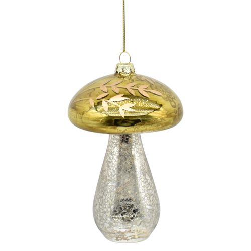 Adorno Holiday Time para árbol de vidrio con forma de hongo y acabado dorado para Navidad - 13 cm
