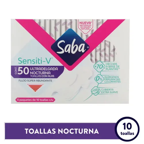 Toallas Femeninas Saba Sensiti-V Ultradelgada Nocturna flujo super abundante - 50 piezas
