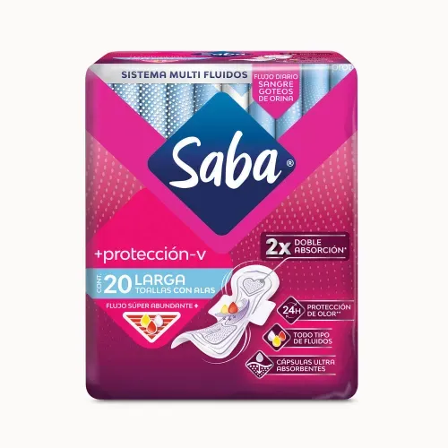 Toallas Femeninas Saba + Protección-V larga con alas para Múltiples fluidos y flujo súper abundante - 20 piezas