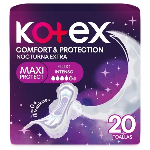 Toallas Femeninas Kotex Nocturna Extra Maxi Comfort & Protección - 20 Unidades