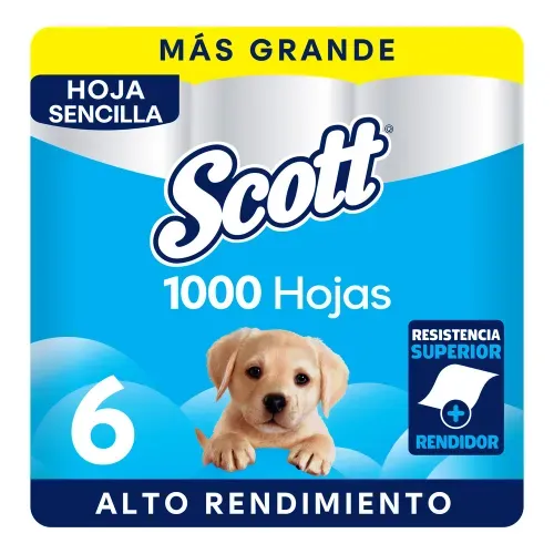 Papel Higiénico Scott 1000 Hojas Hoja Sencilla - 6 Rollos