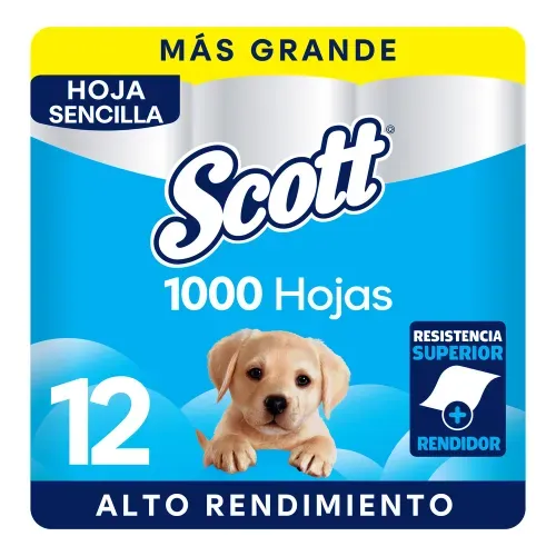 Papel Higiénico Scott 1000 Hojas Hoja Sencilla - 12 Rollos