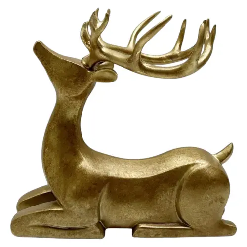 Venado Holiday Time de resina dorado acostado para Navidad - 47 cm