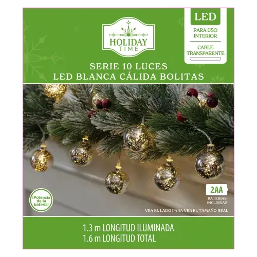 Luces Holiday Time LED blanco cálido con cable transparente y baterías incluidas para Navidad - 10 luces
