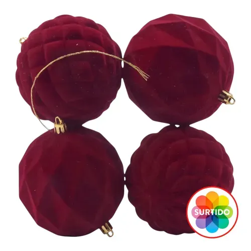 Esferas Holiday Time rojas y verdes de terciopelo para Navidad 10 cm - 4 Uds
