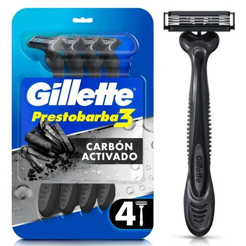 Rasuradora Gillette Prestobarba 3 Carbono Carbón Activado 3 Hojas - 4 Uds