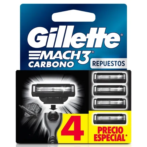 Repuesto Máquina Afeitar Gillette Mach3 Carbono 3 Hojas - 4 Uds