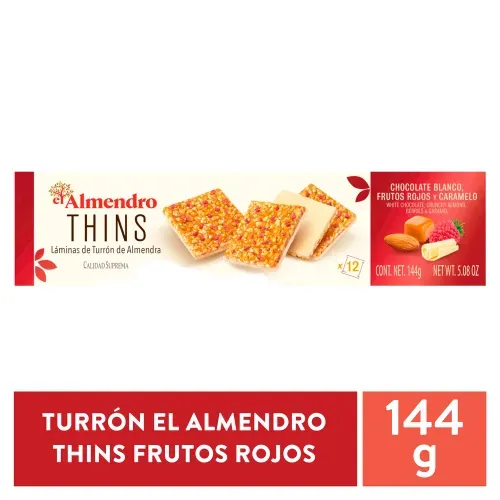 Thins De Turrón El Almendro Caramelo Con Frutos Rojos Y Chocolate Blanco, Calidad Suprema, Sin Glúten - 144g