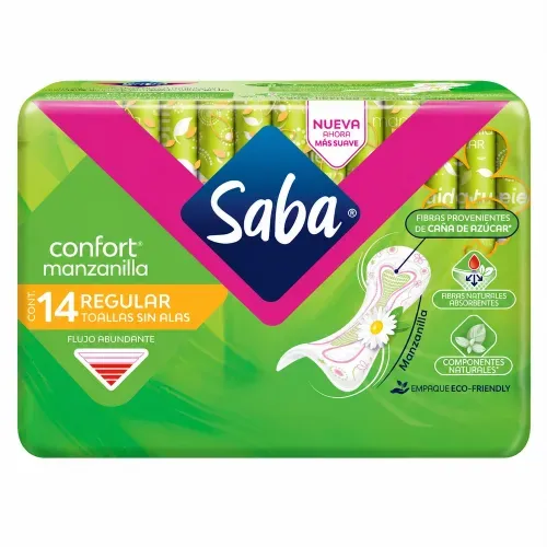 Toallas Femeninas Saba Confort Manzanilla Regular sin alas Flujo Abundante - 14 piezas​