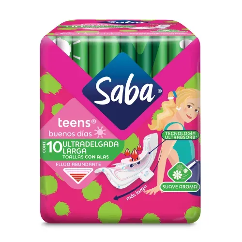Toallas Femeninas Saba Teens Ultradelgada Larga con alas flujo abundante - 10 piezas
